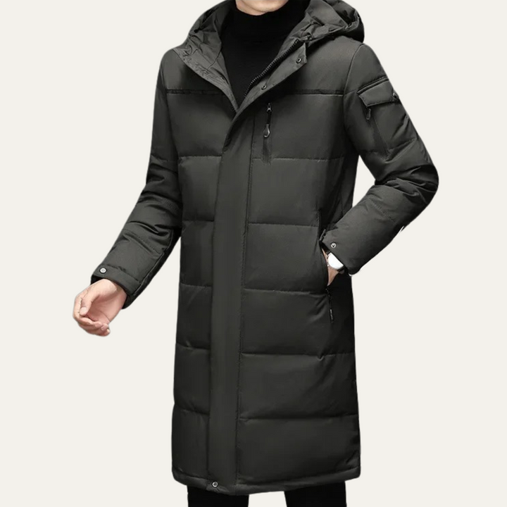 Freja Andersen | Herre Thermal Longline sort puffer frakke med Hood