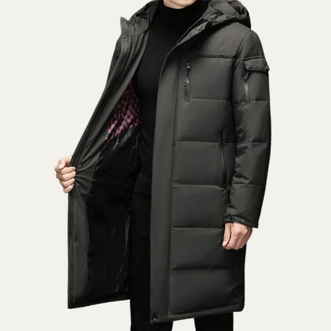 Freja Andersen | Herre Thermal Longline sort puffer frakke med Hood