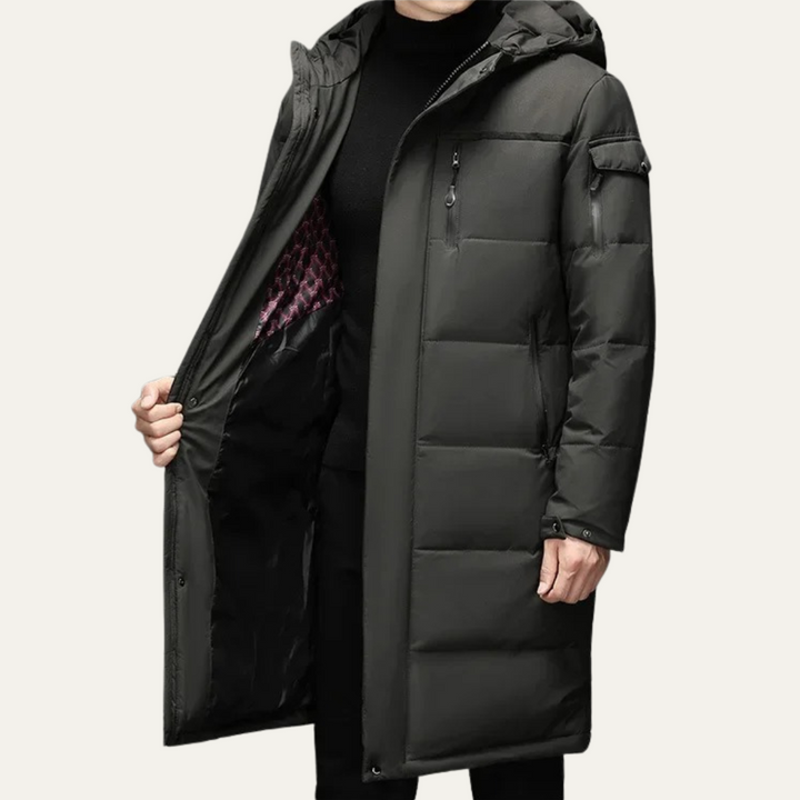 Freja Andersen | Herre Thermal Longline sort puffer frakke med Hood