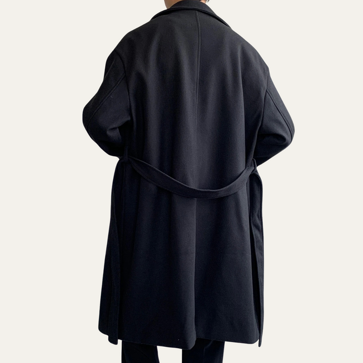 Freja Andersen | Herre stilren Camel Wrap uld frakke med bælte