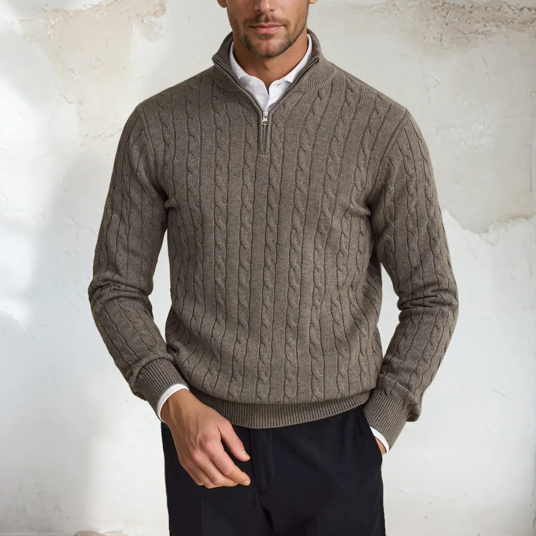 Firenze | Herre kabelstrik halv lynlås trøje - Taupe