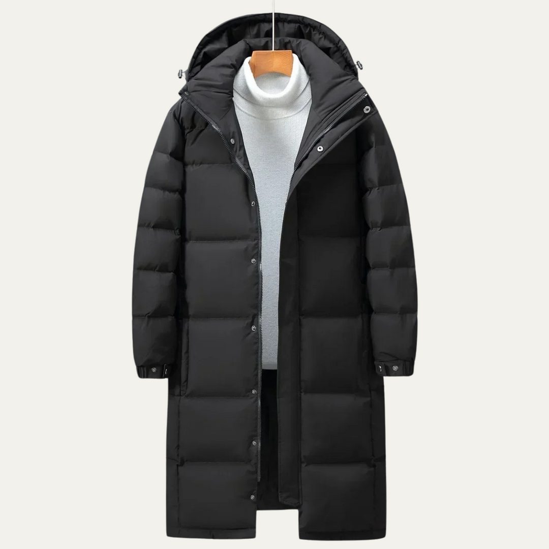 Freja Andersen | Herre med hætte Longline sort puffer frakke