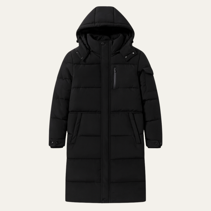 Freja Andersen | Herre Thermal Longline sort puffer frakke med Hood