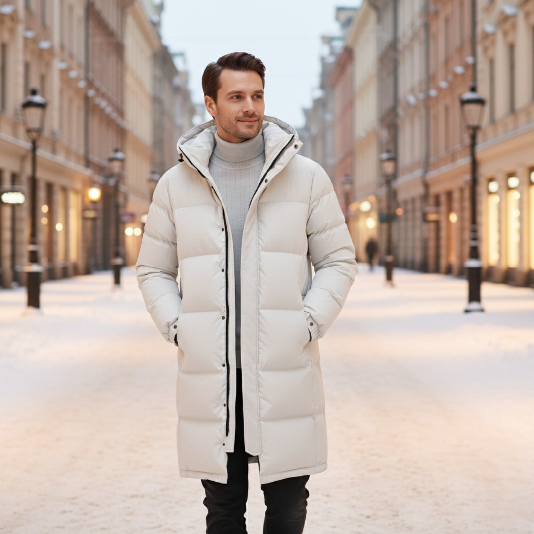 Freja Andersen | Herre med hætte Longline sort puffer frakke