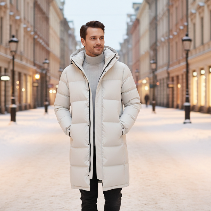 Freja Andersen | Herre med hætte Longline sort puffer frakke