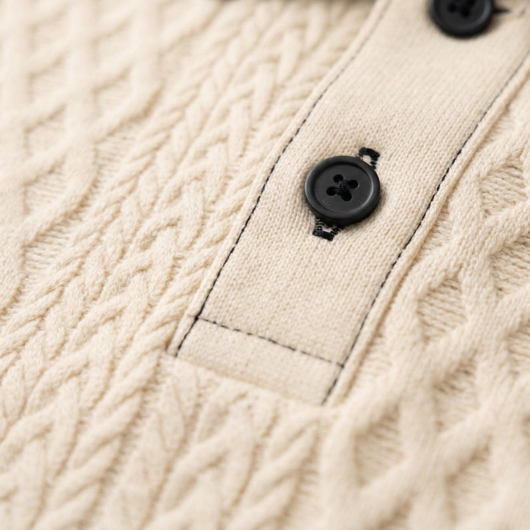 Ashridge Hill herre abrikosfarvet strikket poloshirt med Rib strik Details