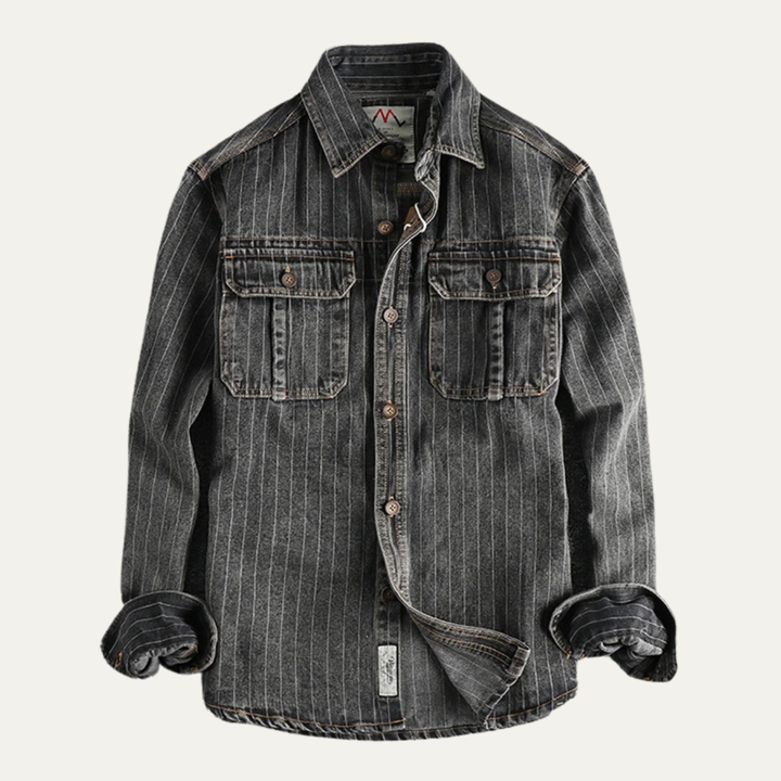 Freja Andersen | Herre vintage Washed lodrette striber denim skjortejakke - mørkeblå