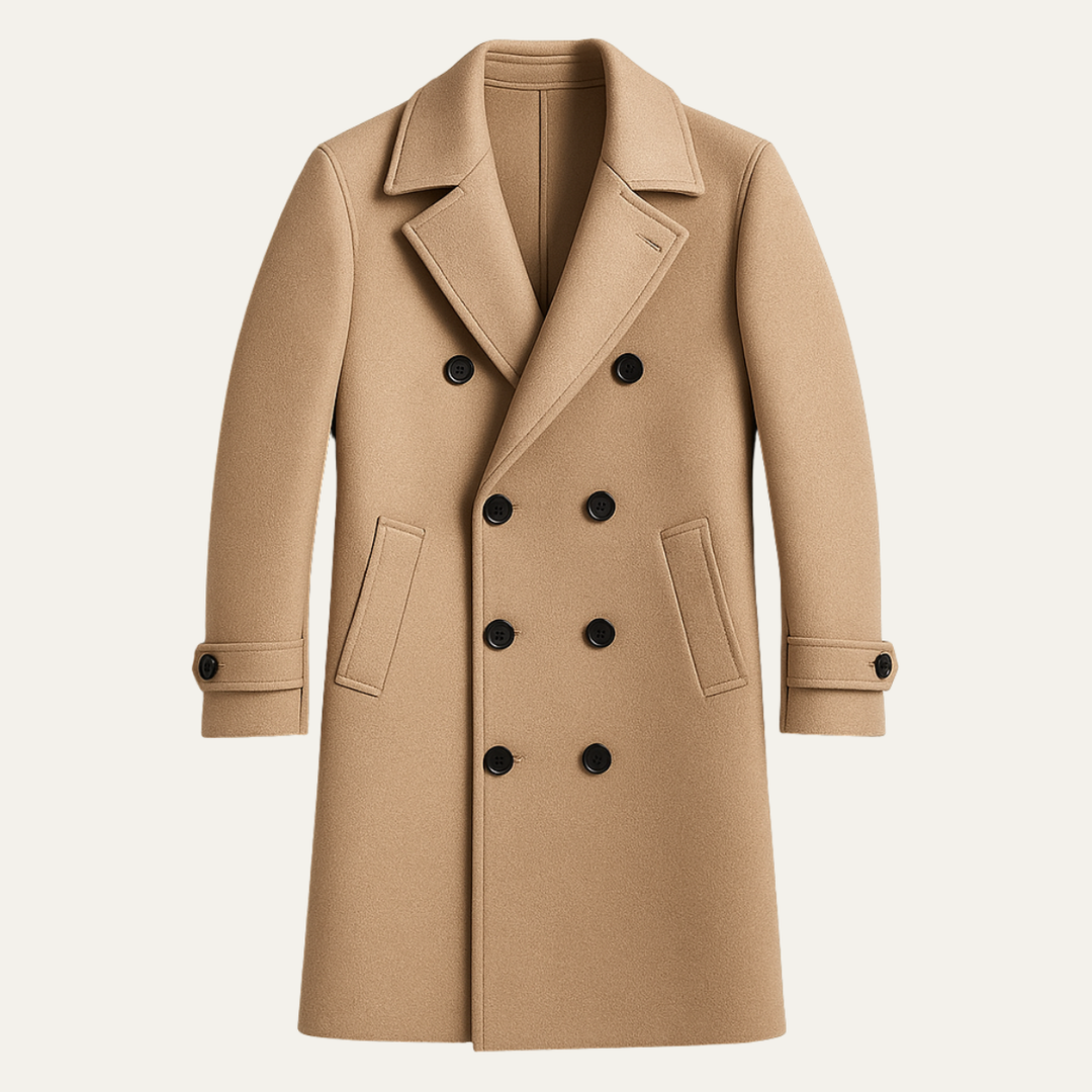 Freja Andersen | Herre dobbeltknappet lang uld trenchcoat