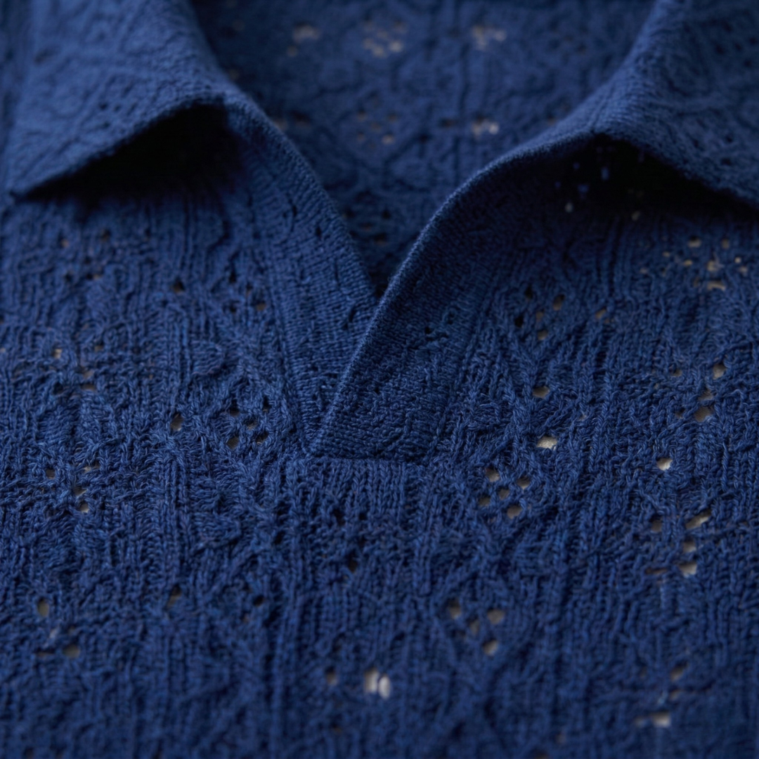 Freja Andersen | Herre Crochet strik kortærmet poloshirt - marineblå