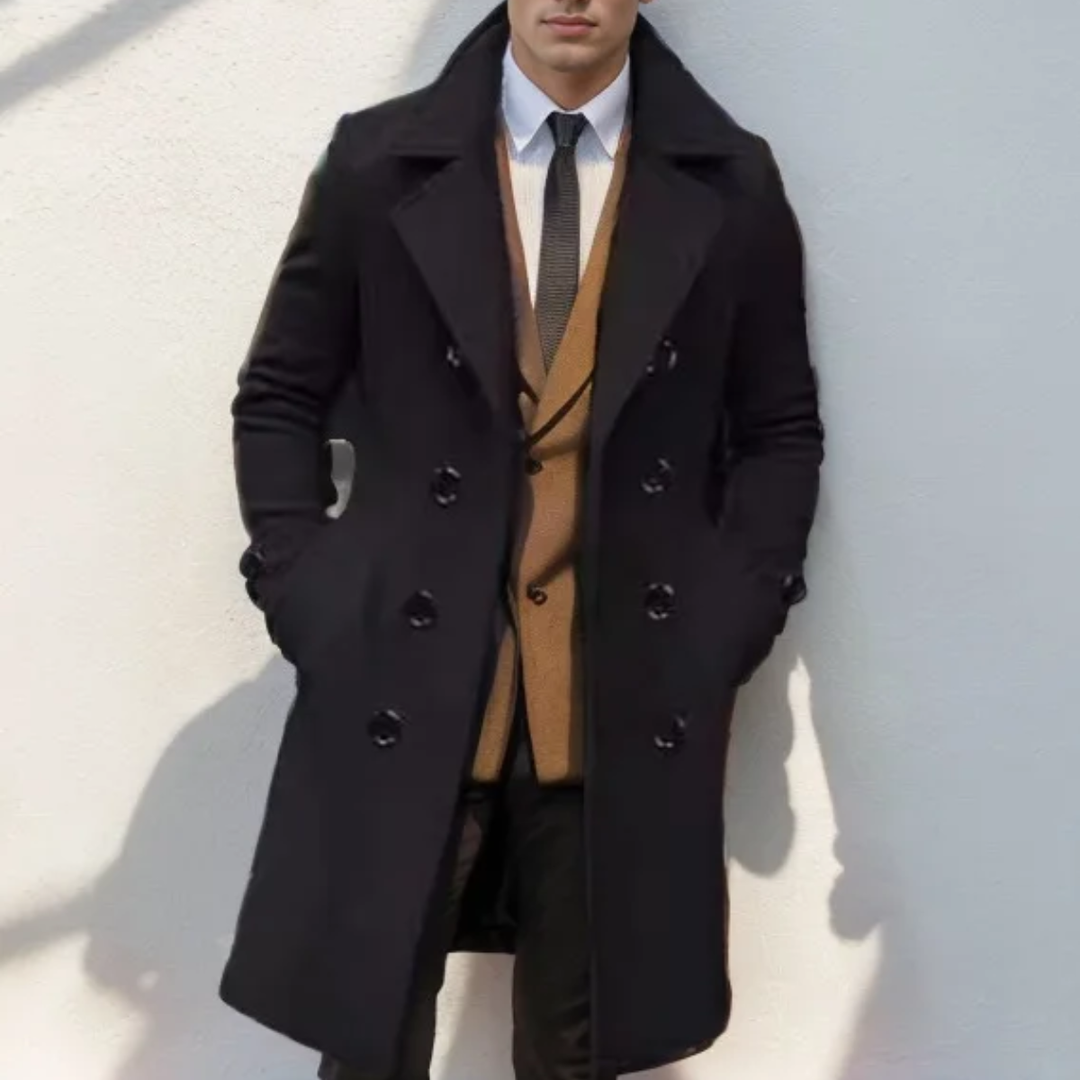 Freja Andersen | Herre dobbeltknappet lang trenchcoat - vinter uldblanding Overcoat
