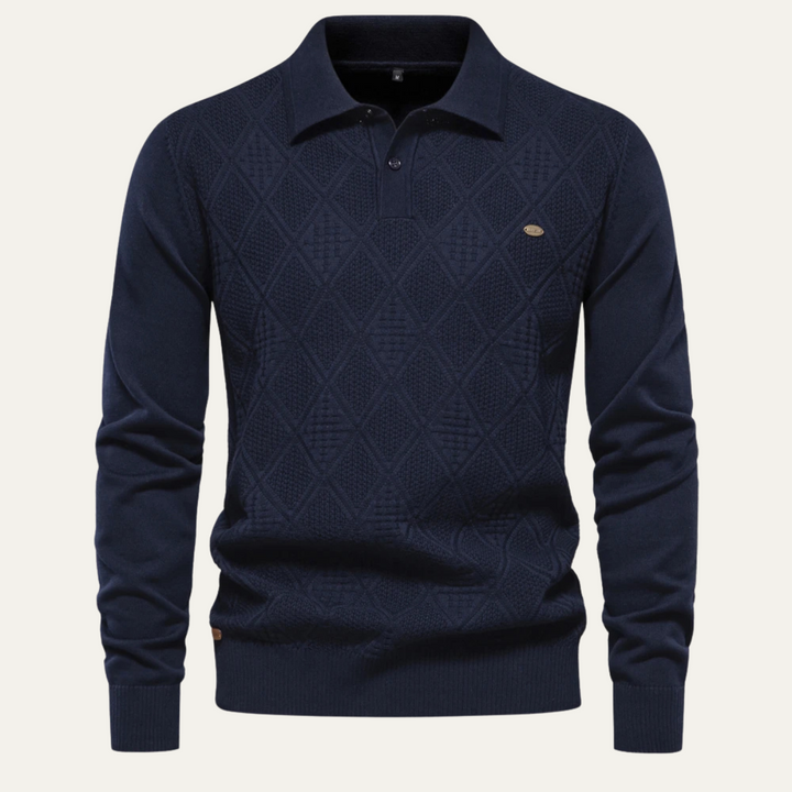 Freja Andersen | Herre afslappet Diamond Pattern strik polo trøje