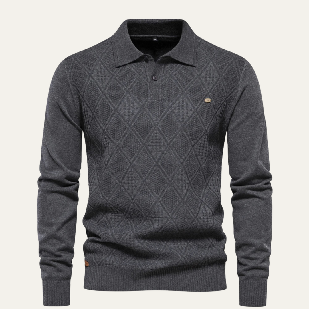 Freja Andersen | Herre afslappet Diamond Pattern strik polo trøje