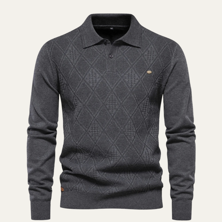 Freja Andersen | Herre afslappet Diamond Pattern strik polo trøje