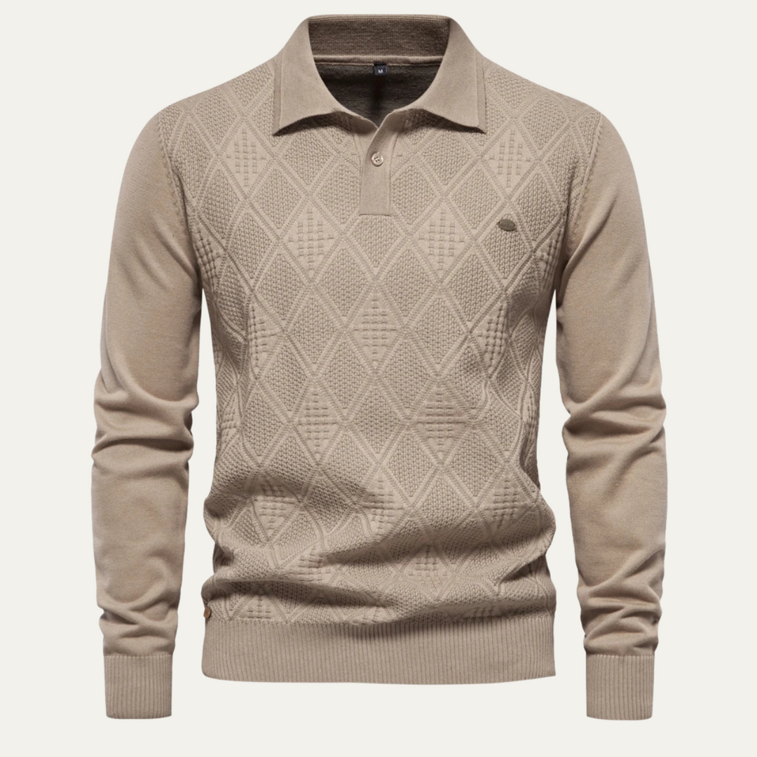 Freja Andersen | Herre afslappet Diamond Pattern strik polo trøje