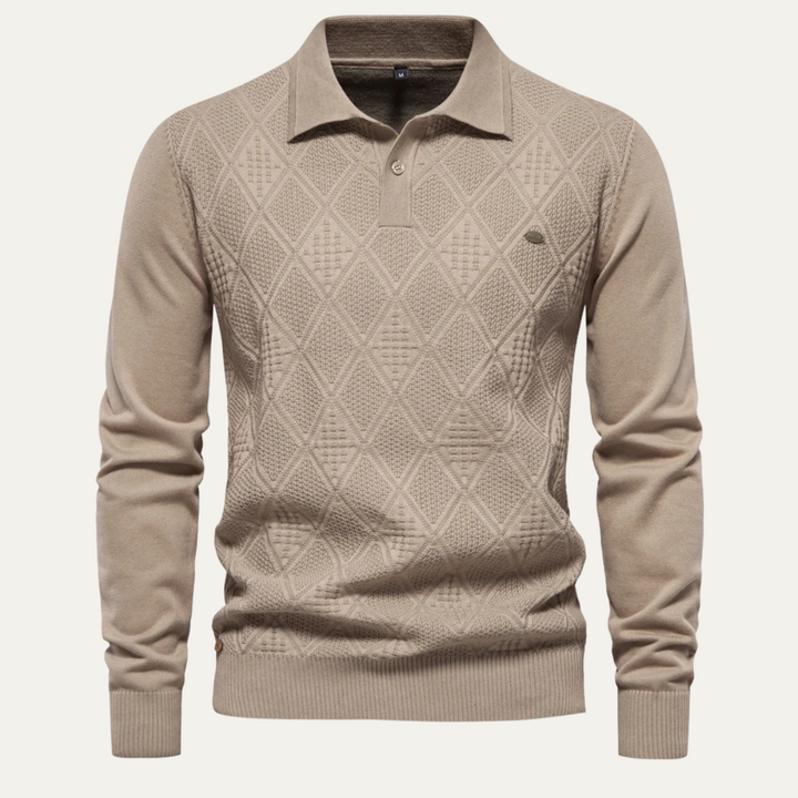 Freja Andersen | Herre afslappet Diamond Pattern strik polo trøje