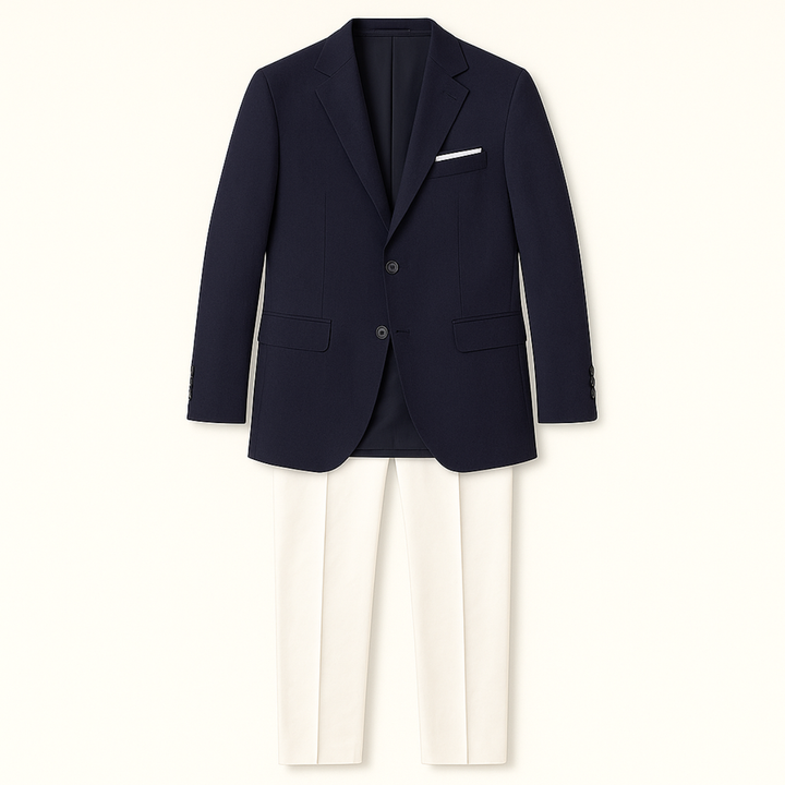 Freja Andersen | Herre marineblå blazersæt sæt - Two Piece Notch Lapel slim fit blazer med hvid bukser