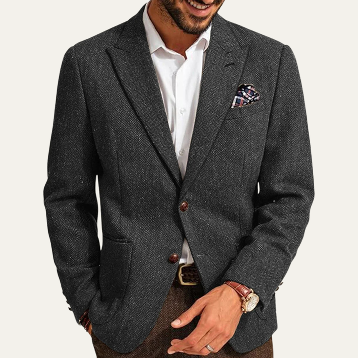 Freja Andersen | Herre business sildeben enkeltknappet uld tweed blazer