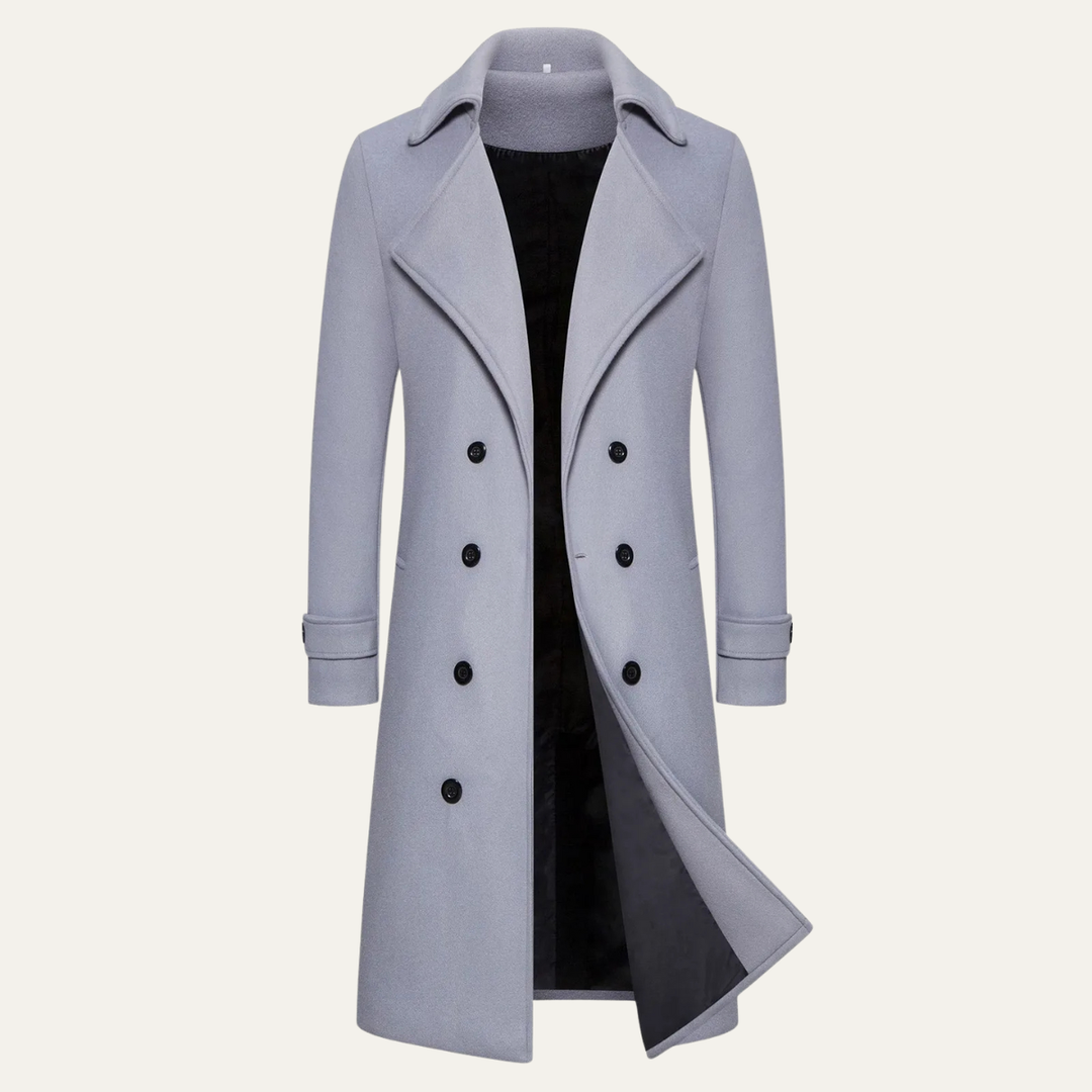 Freja Andersen | Herre lang dobbeltknappet uld trenchcoat