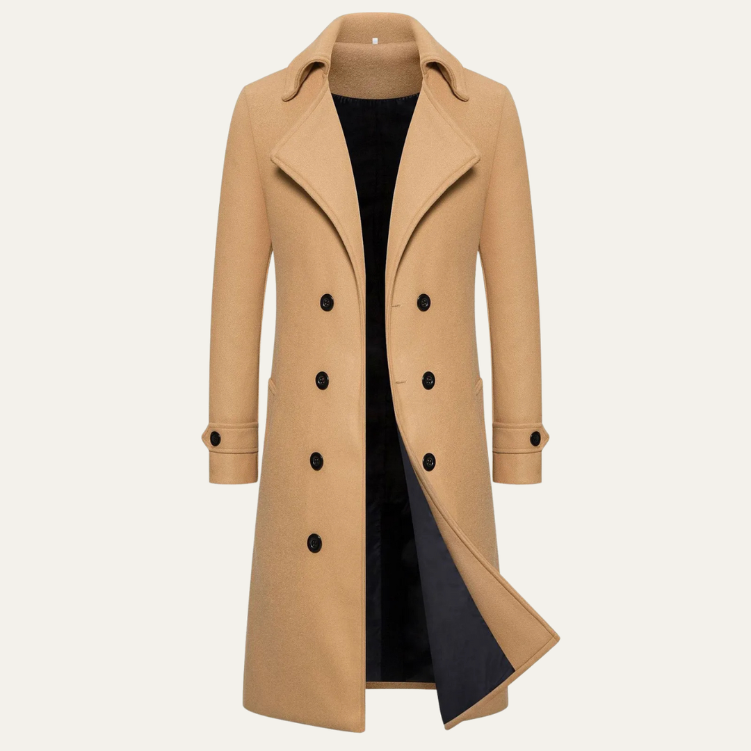 Freja Andersen | Herre lang dobbeltknappet uld trenchcoat