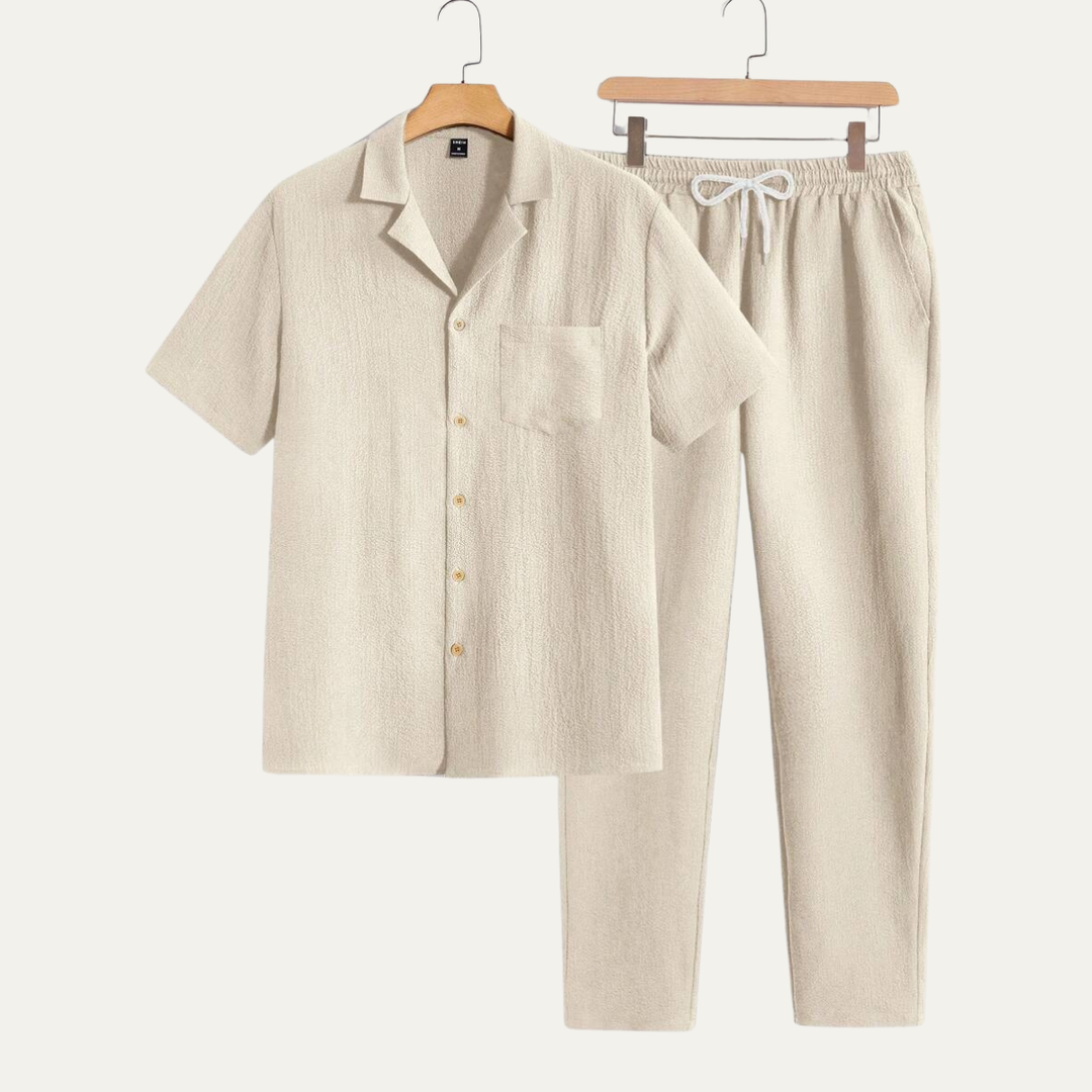 Bordeaux | Herre kortærmet knap skjorte & Elastic Waist bukser - afslappet Beach Outfit
