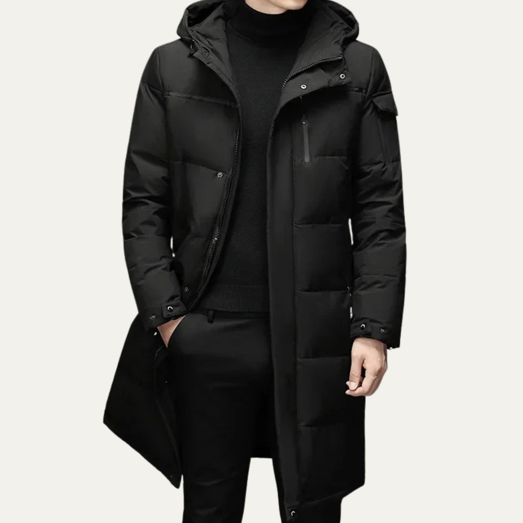 Freja Andersen | Herre Thermal Longline sort puffer frakke med Hood