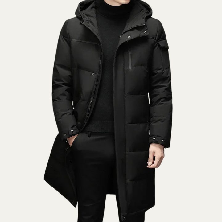 Freja Andersen | Herre Thermal Longline sort puffer frakke med Hood