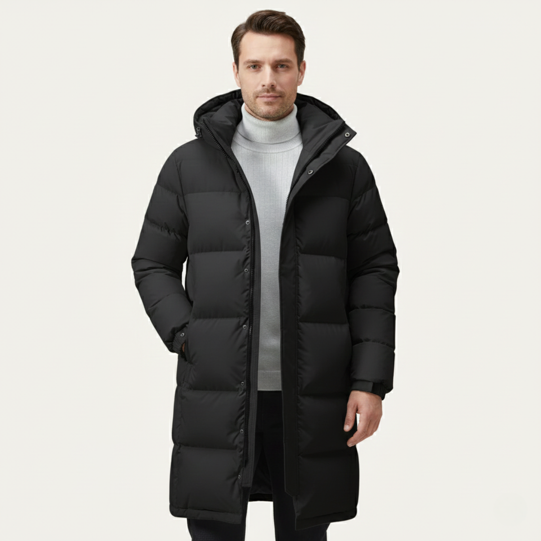 Freja Andersen | Herre med hætte Longline sort puffer frakke