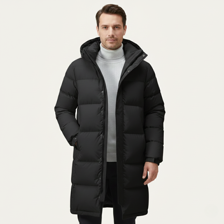 Freja Andersen | Herre med hætte Longline sort puffer frakke