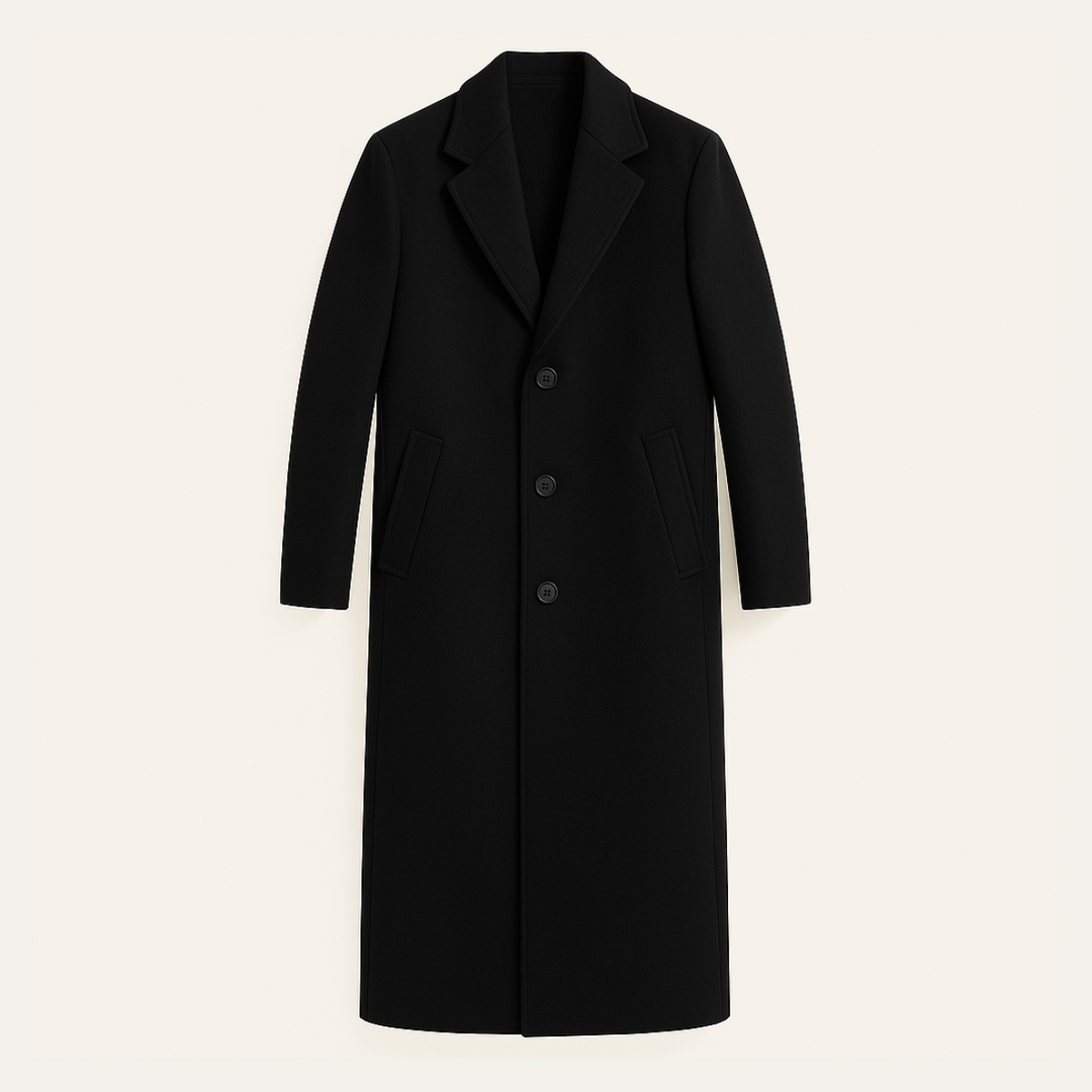 Freja Andersen | Herre Elegant Minimal sort enkeltknappet uld frakke