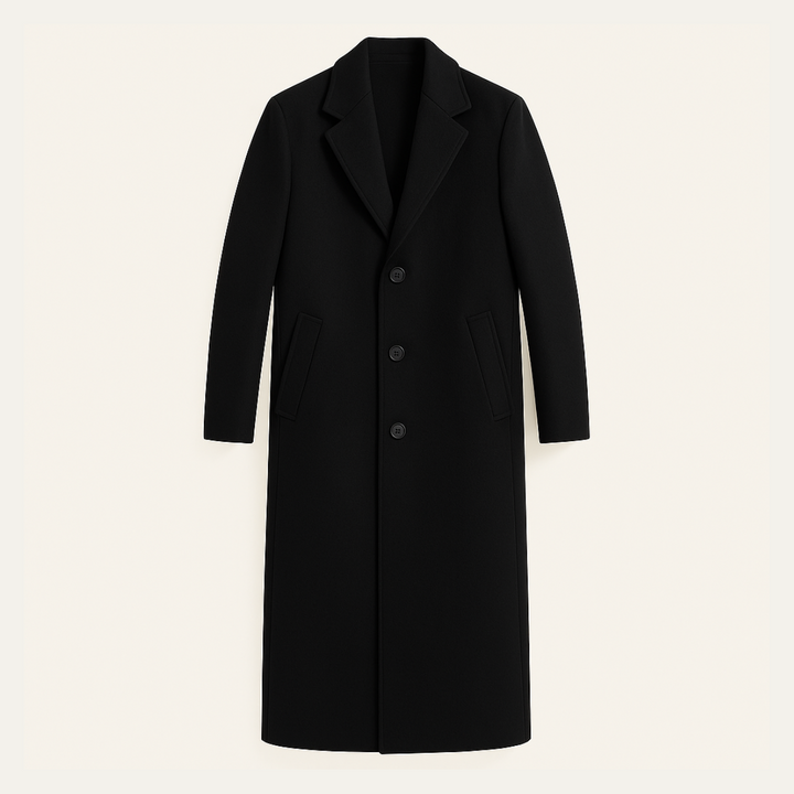 Freja Andersen | Herre Elegant Minimal sort enkeltknappet uld frakke