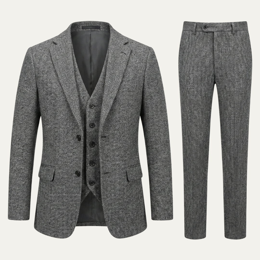 Freja Andersen | Herre tweed 3 Piece jakkesæt - slim fit sildeben jakke, Vest & bukser