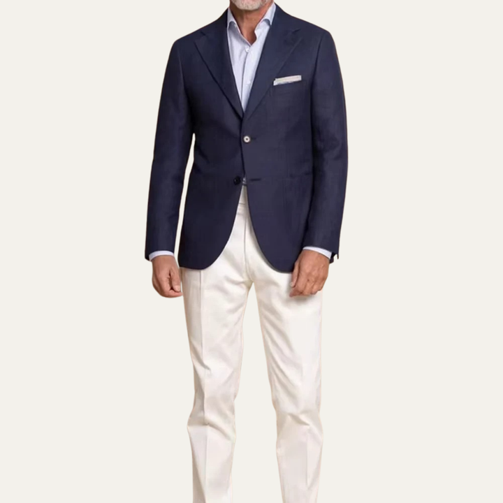 Freja Andersen | Herre 2 Piece jakkesæt - enkeltknappet slim fit marineblå blazer med hvid bukser