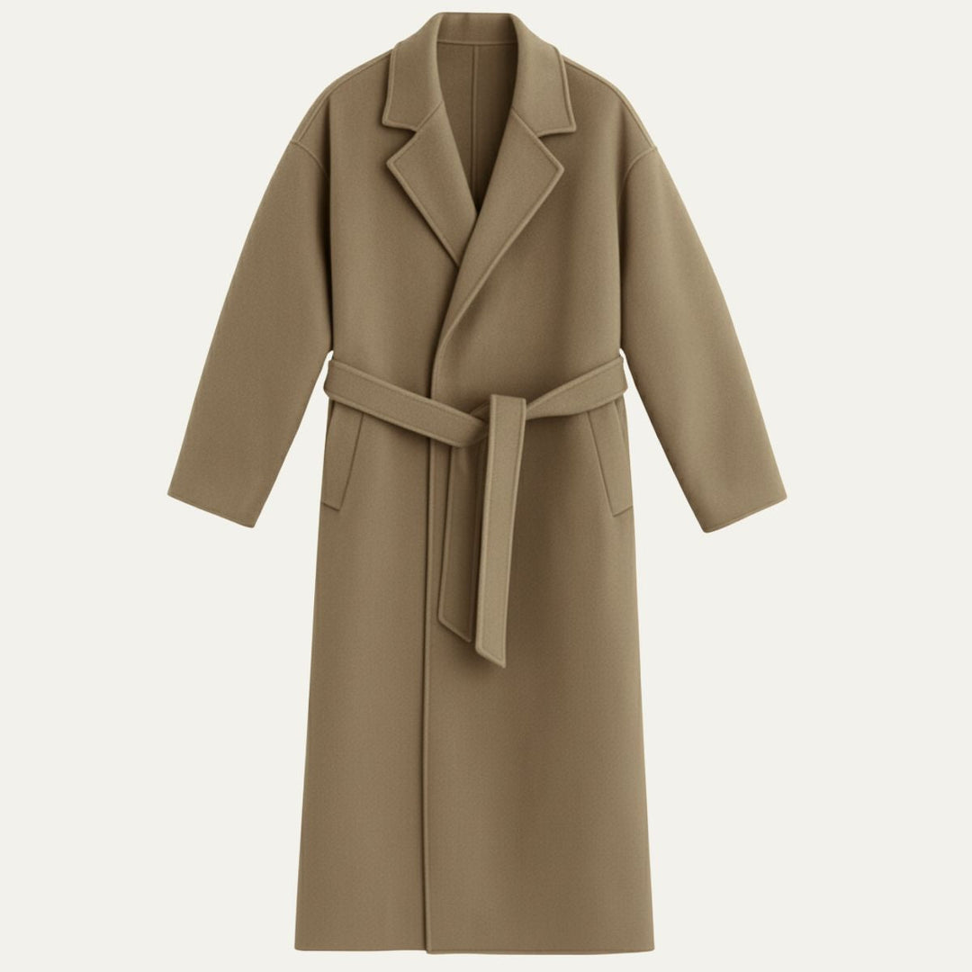 Freja Andersen | Herre Elegant Camel Wrap uld frakke med bælte