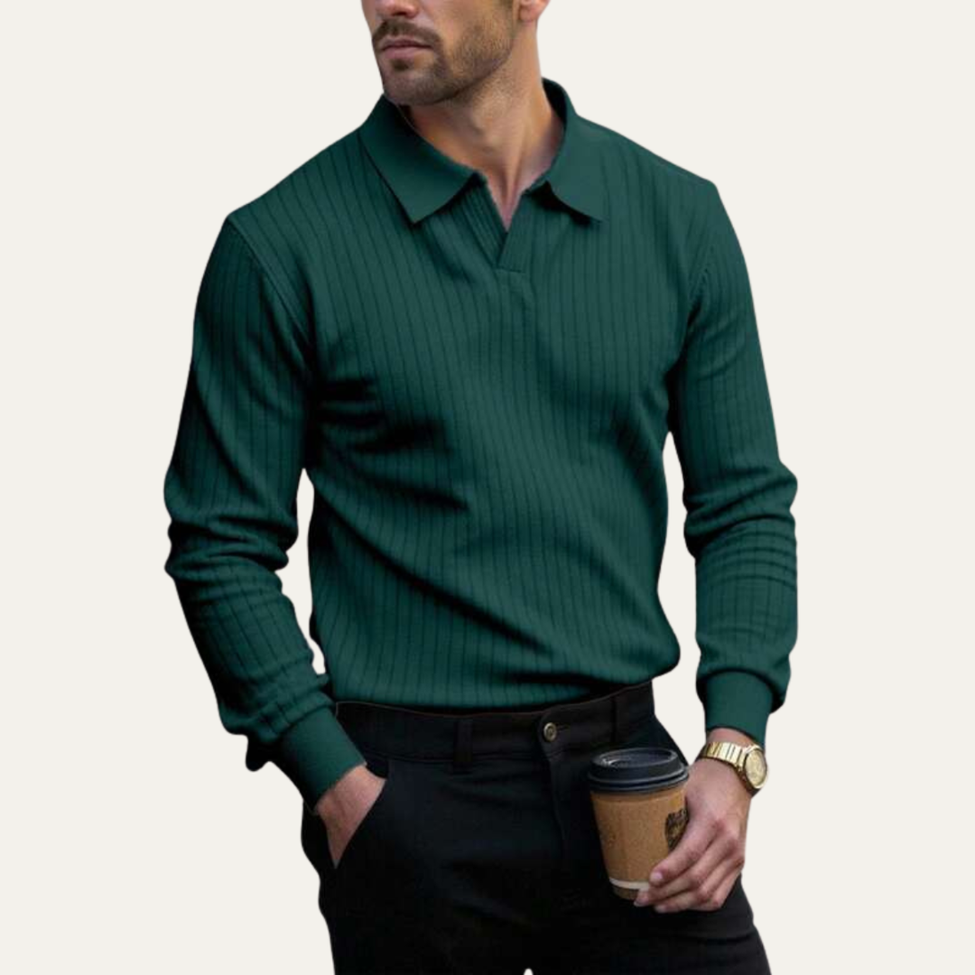 Freja Andersen | Herre trendy langærmet ribstrikket poloshirt