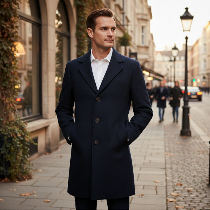 Freja Andersen | Herre lang dobbeltknappet uldblanding stilren Overcoat
