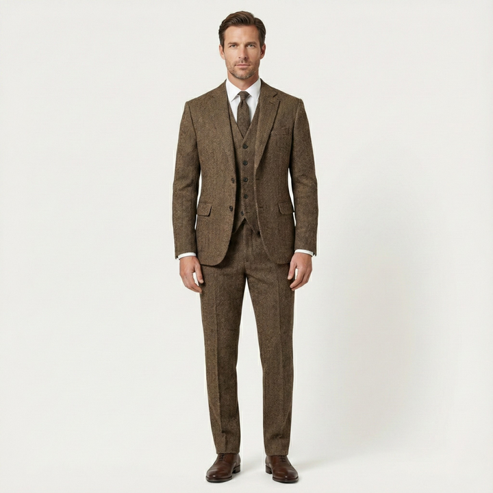 Freja Andersen | Herre tweed 3 Piece jakkesæt - slim fit sildeben jakke, Vest & bukser