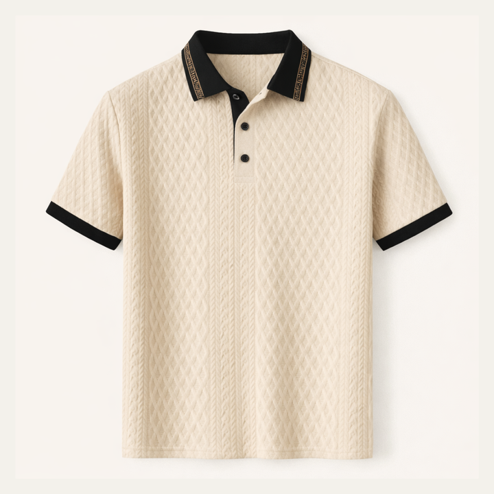 Ashridge Hill herre abrikosfarvet strikket poloshirt med Rib strik Details