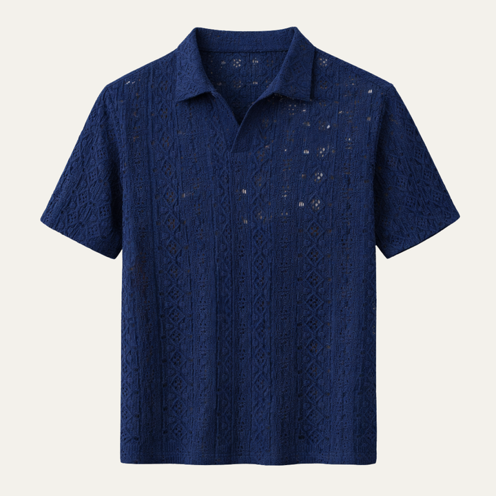 Freja Andersen | Herre Crochet strik kortærmet poloshirt - marineblå