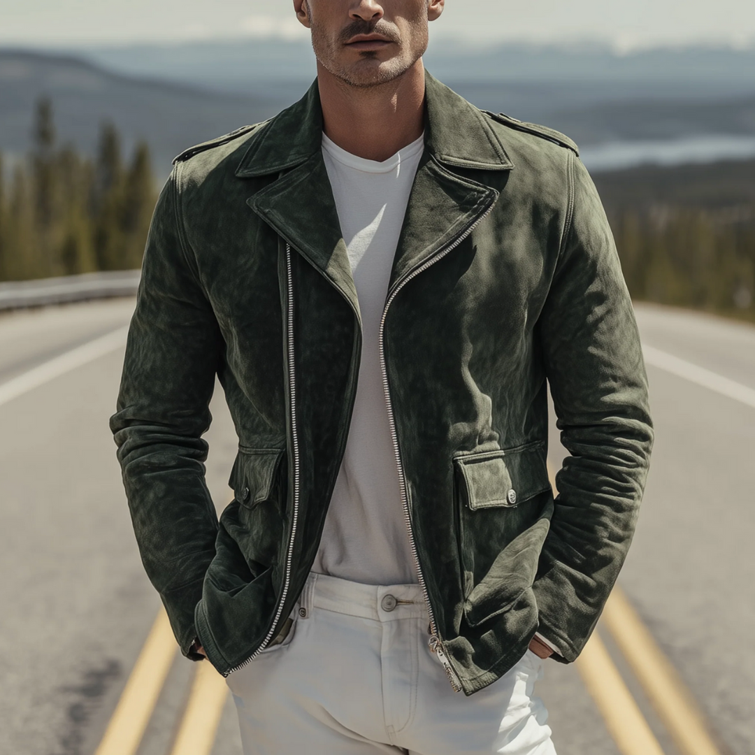 Freja Andersen | Herre Olive vintage ruskind Biker jakke