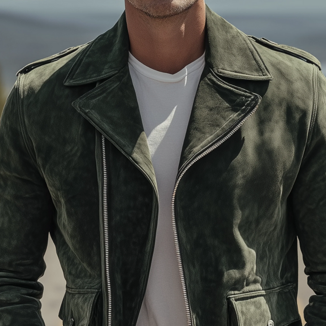 Freja Andersen | Herre Olive vintage ruskind Biker jakke