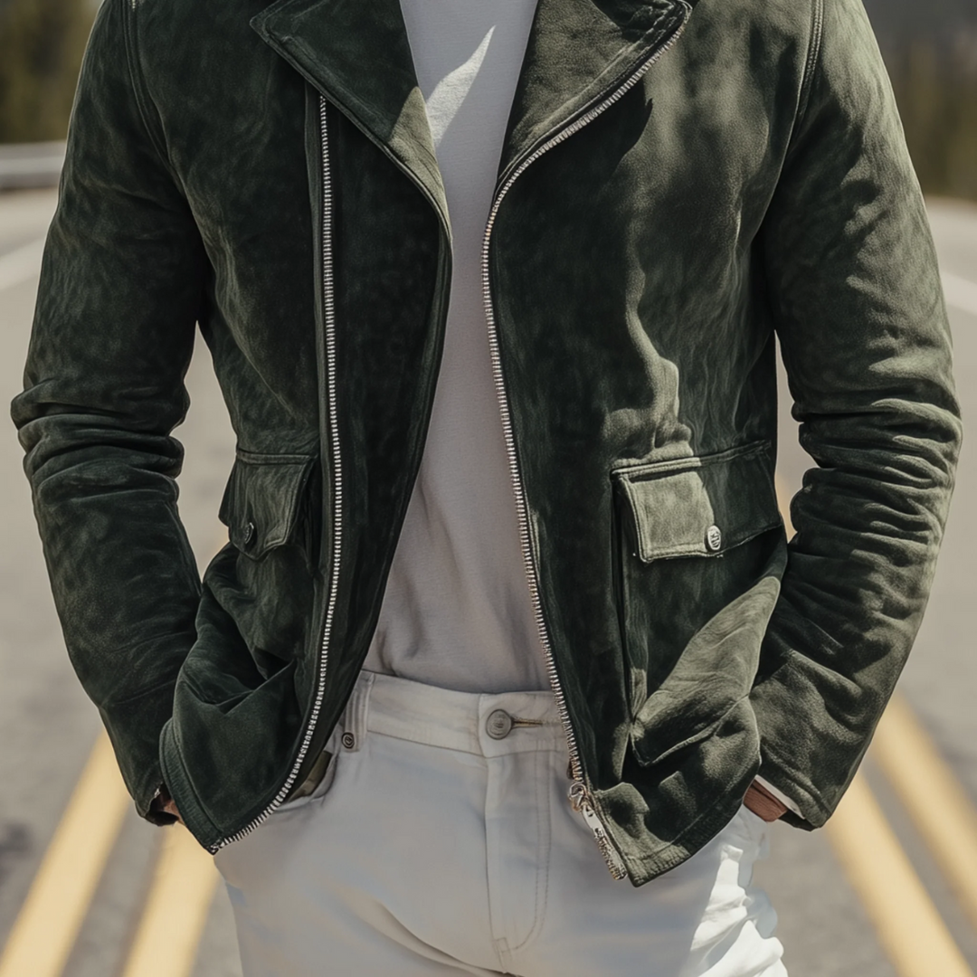 Freja Andersen | Herre Olive vintage ruskind Biker jakke