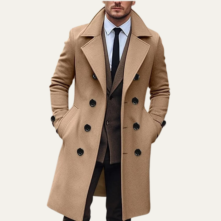 Freja Andersen | Herre dobbeltknappet lang uld trenchcoat