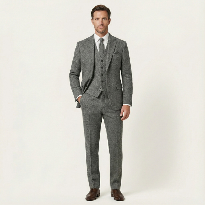 Freja Andersen | Herre tweed 3 Piece jakkesæt - slim fit sildeben jakke, Vest & bukser