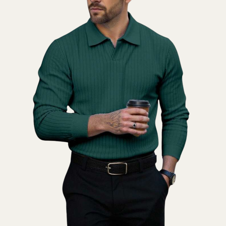 Freja Andersen | Herre trendy langærmet ribstrikket poloshirt