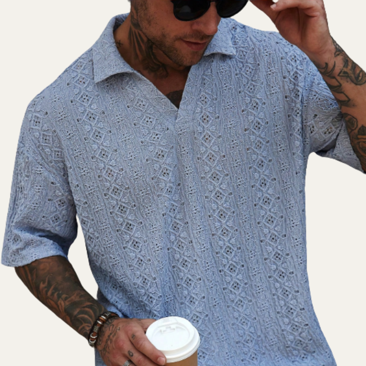 Glenridge Hill herre Bohemian Crochet Mesh hør skjorte - lyseblå
