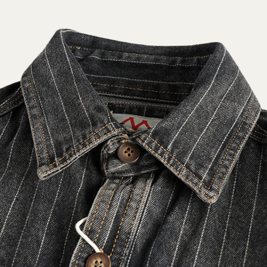 Freja Andersen | Herre vintage Washed lodrette striber denim skjortejakke - mørkeblå
