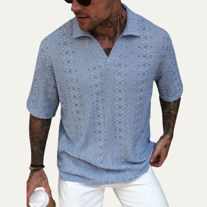 Freja Andersen | Herre Crochet strik kortærmet poloshirt - lyseblå