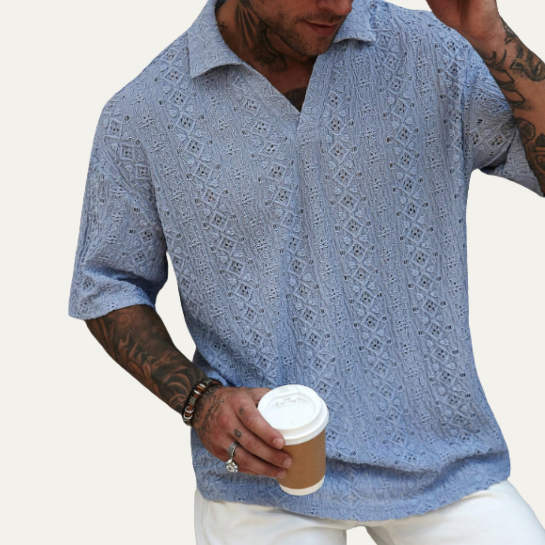Freja Andersen | Herre Crochet strik kortærmet poloshirt - lyseblå