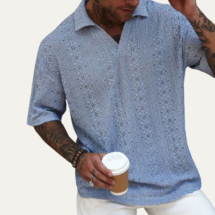 Freja Andersen | Herre Crochet strik kortærmet poloshirt - lyseblå