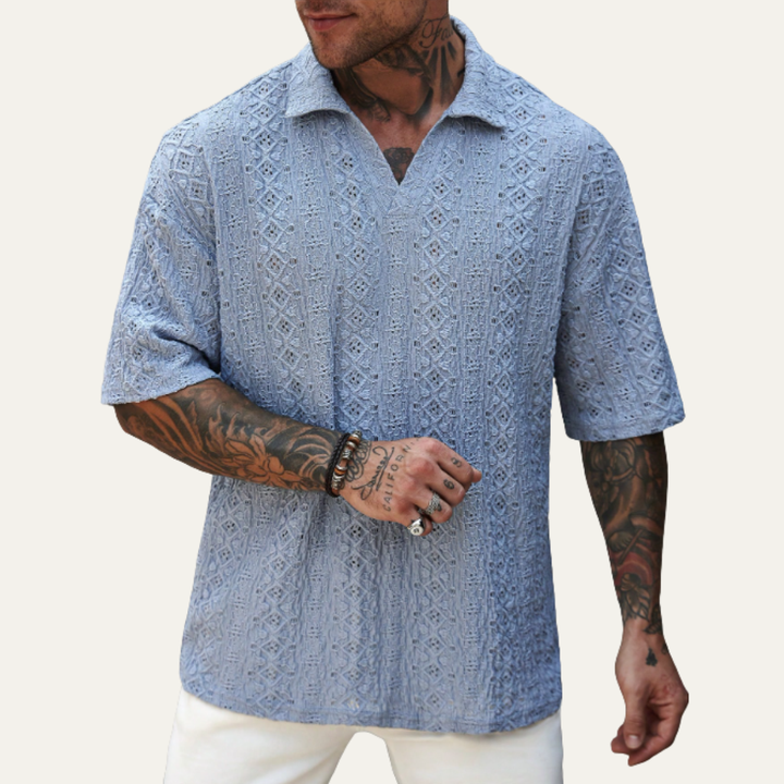 Freja Andersen | Herre Crochet strik kortærmet poloshirt - lyseblå